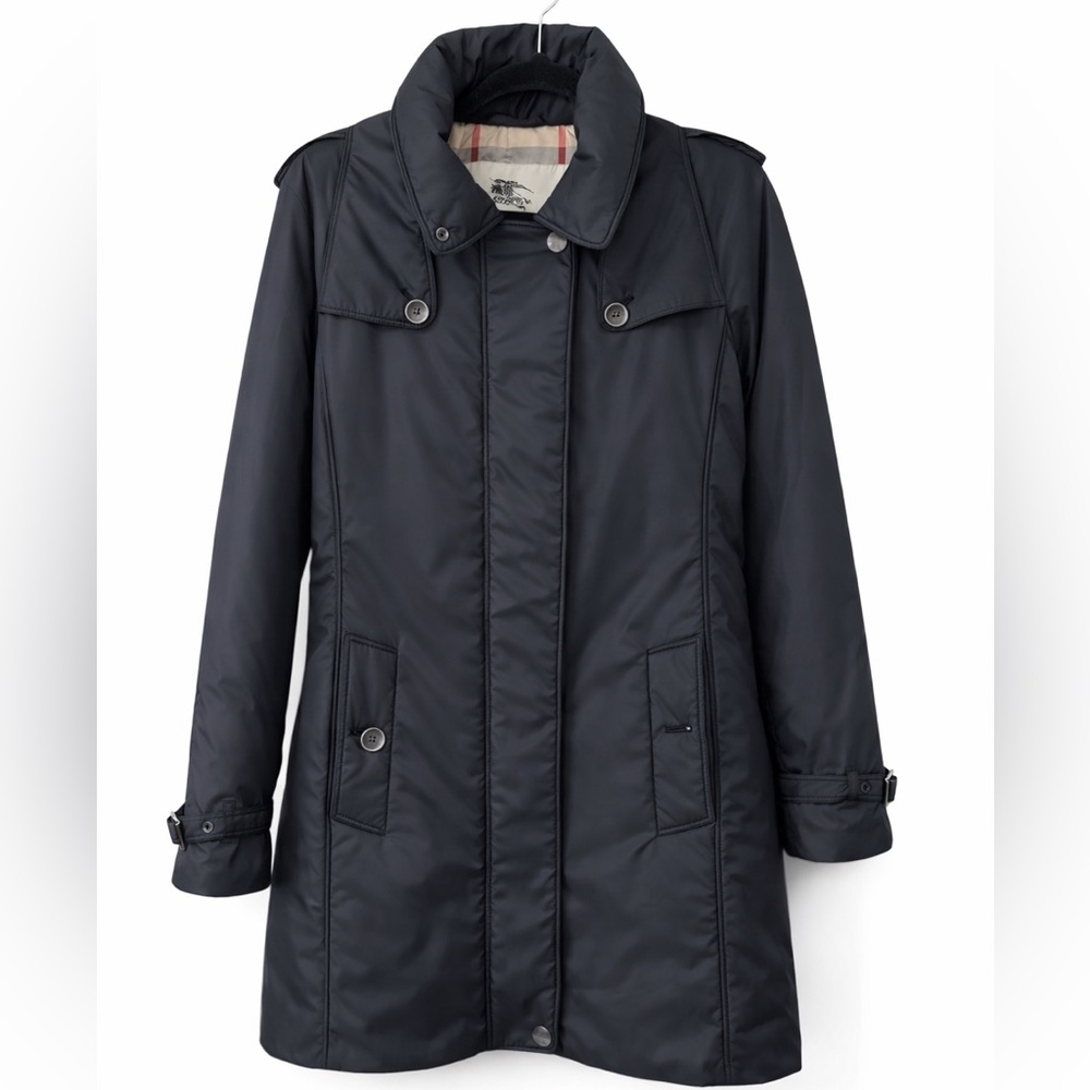 Burberry London Black Insulated Trench Coat Nova Check Packaway Hood US 2